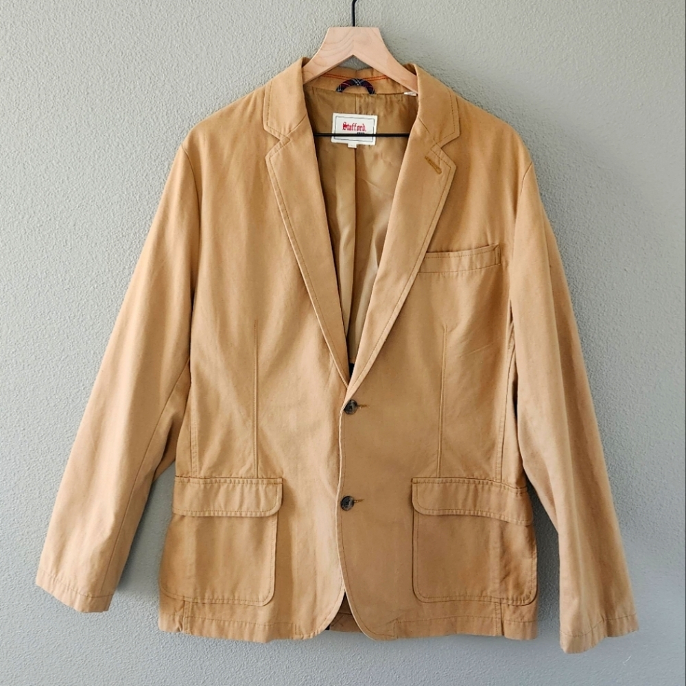 NWOT Stafford Prep Khaki Blazer Large 100% Cotton Jacket Tan Classic Preppy Coat